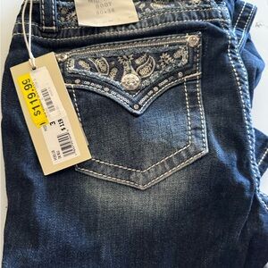 Miss Me Dark Blue Boot Cut Jeans with Silver Embellishments